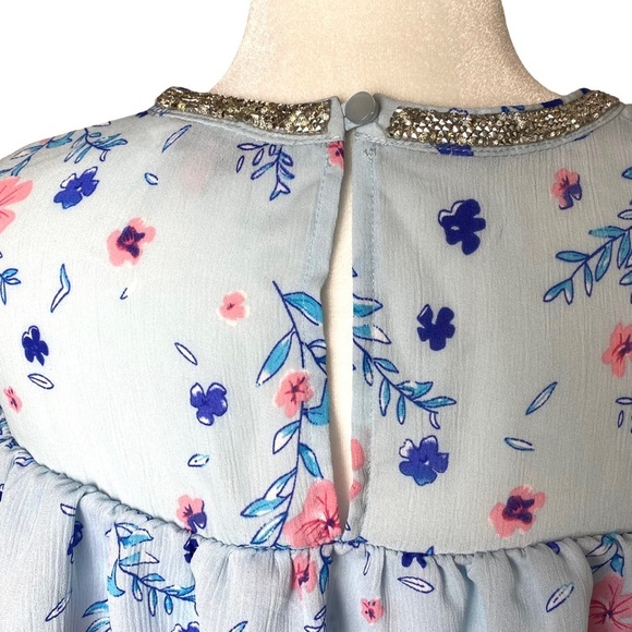 Juicy Couture Top Medium Rain Floral Ruffle Blouse Rhinestone Neck - Picture 8 of 15